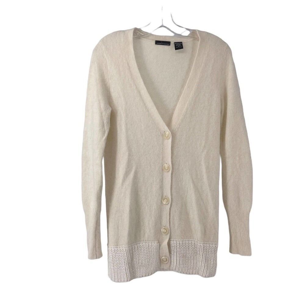 Moda International Cardigan Sweater Rabbit Hair Wool Blend Ivory Size M V Neck